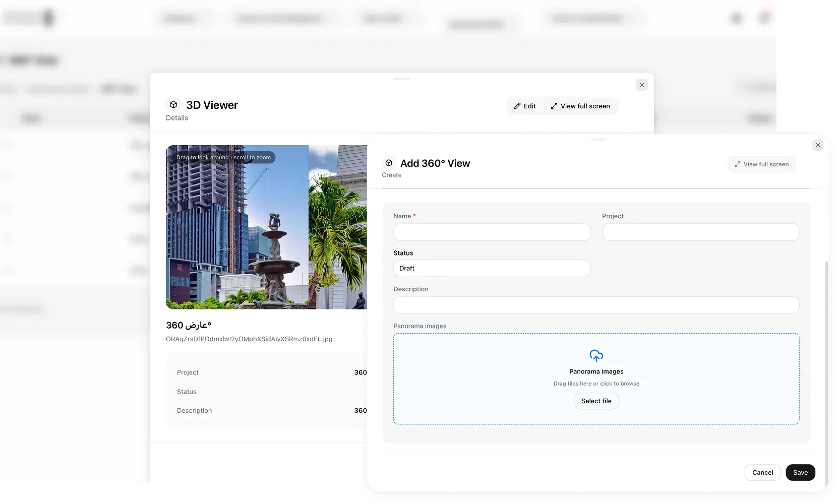 3D viewer and the form for adding a 360 view