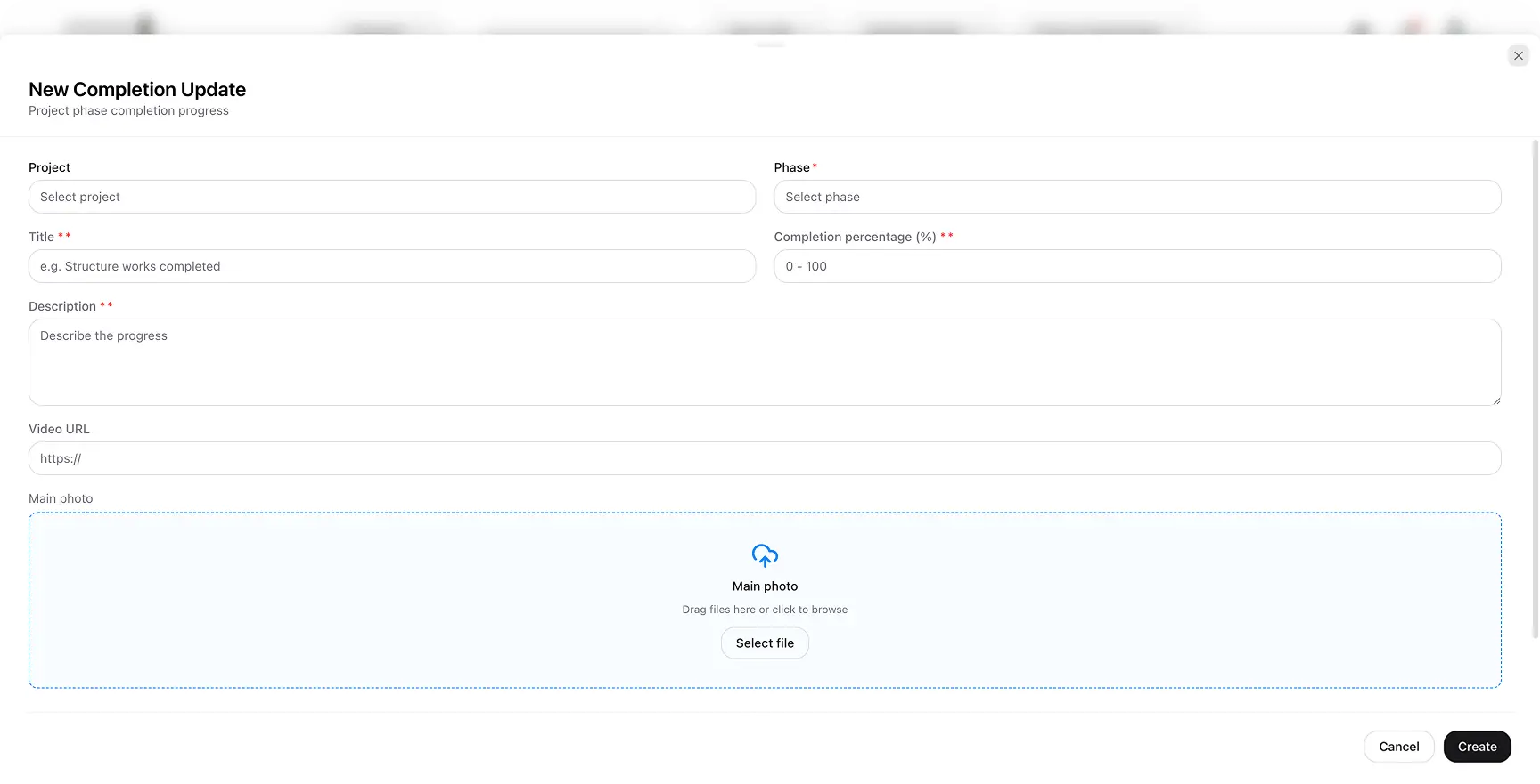 New completion update form for a project phase