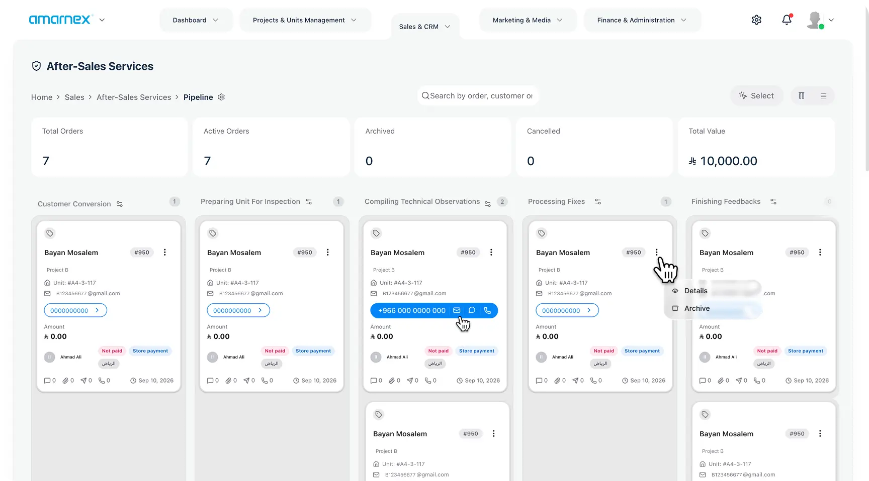 After-sales services pipeline with orders grouped by stage