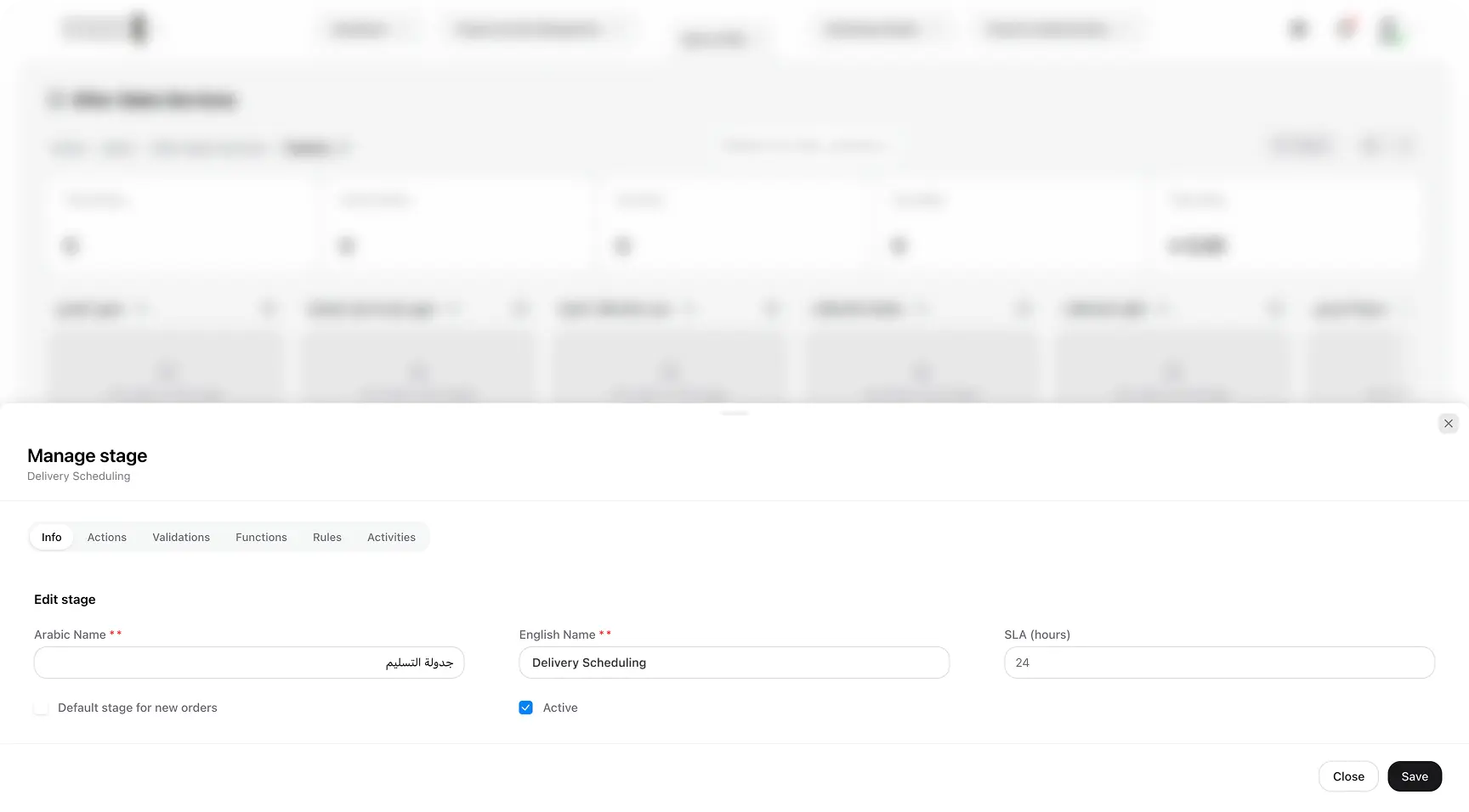 Manage stage dialog for delivery scheduling
