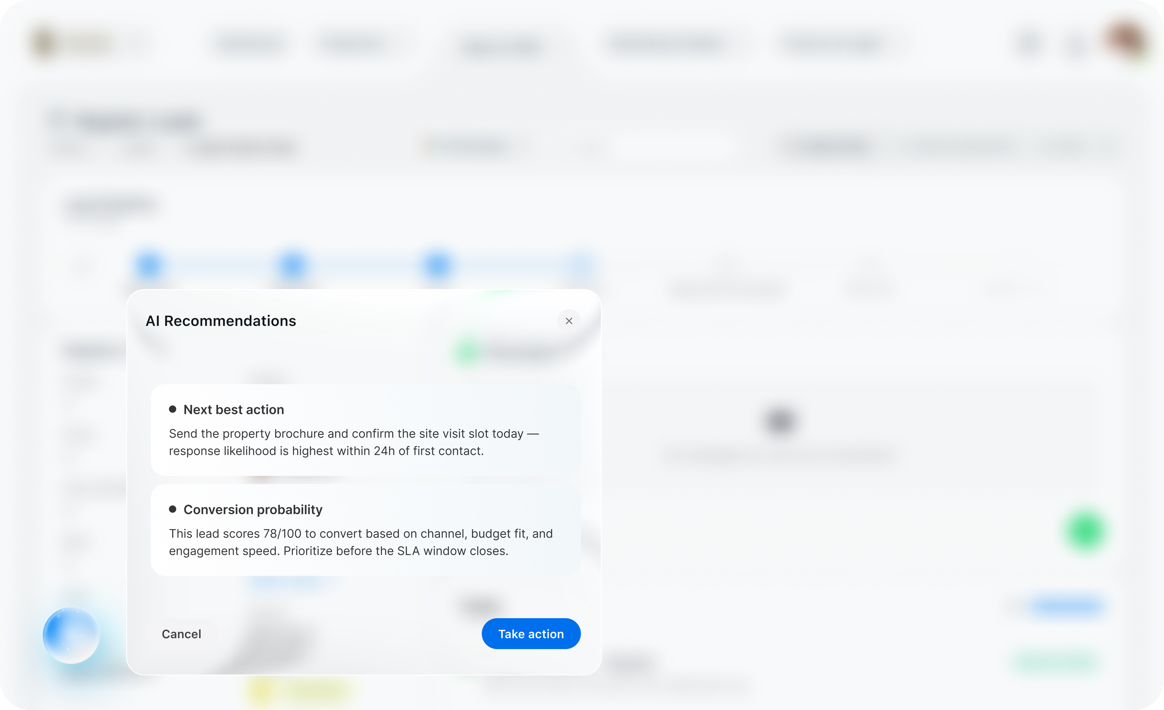 AI recommendations panel showing a next best action and conversion probability