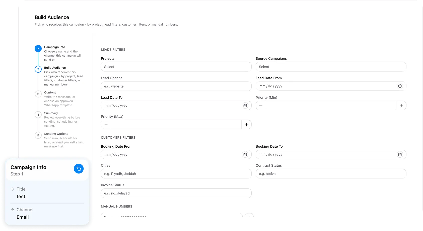 Build audience filters with the campaign info card