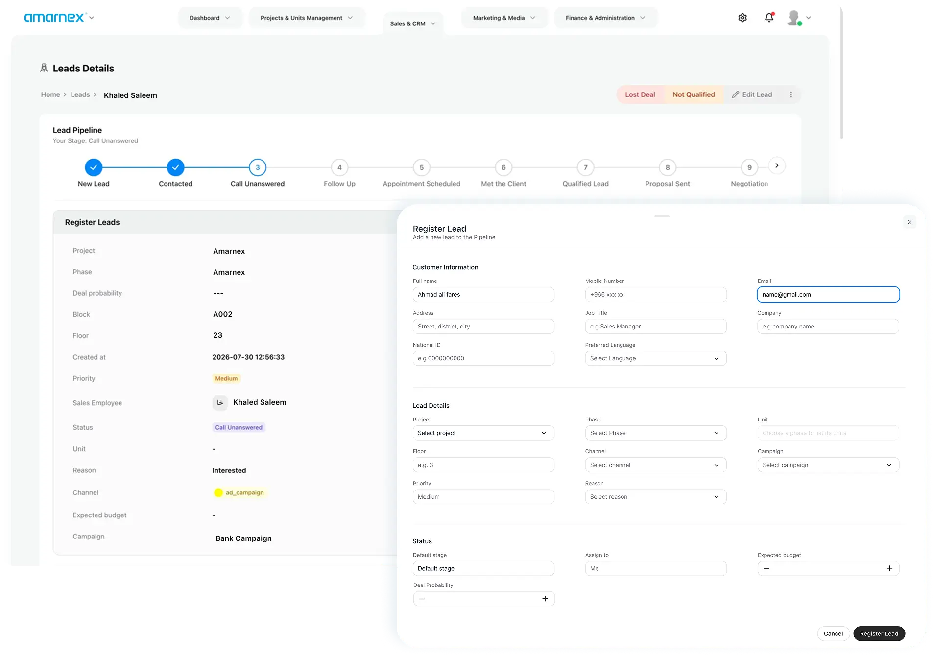Lead details with the register lead form