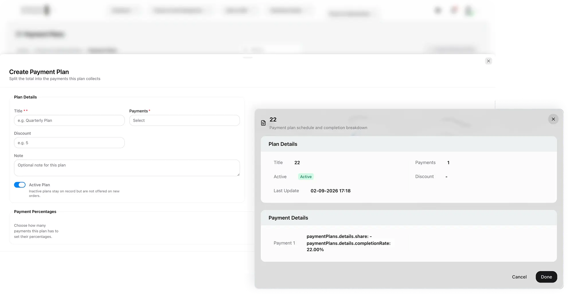 Create payment plan form and plan details