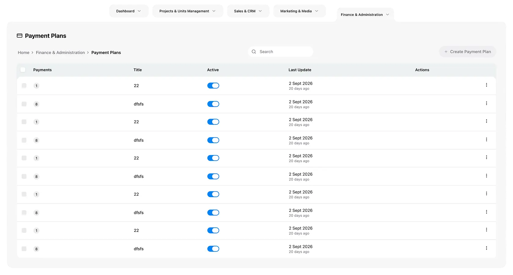 Payment plans list with active status and last update